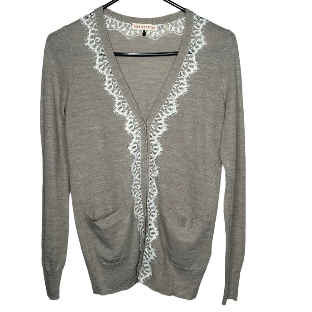 Rebecca Taylor Women’s Lace Trim Sweater Cardigan Sm Alpaca Wool Tan Button